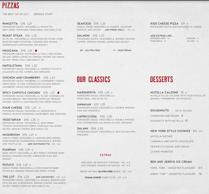 Menu, Heaven Woodfire Pizza