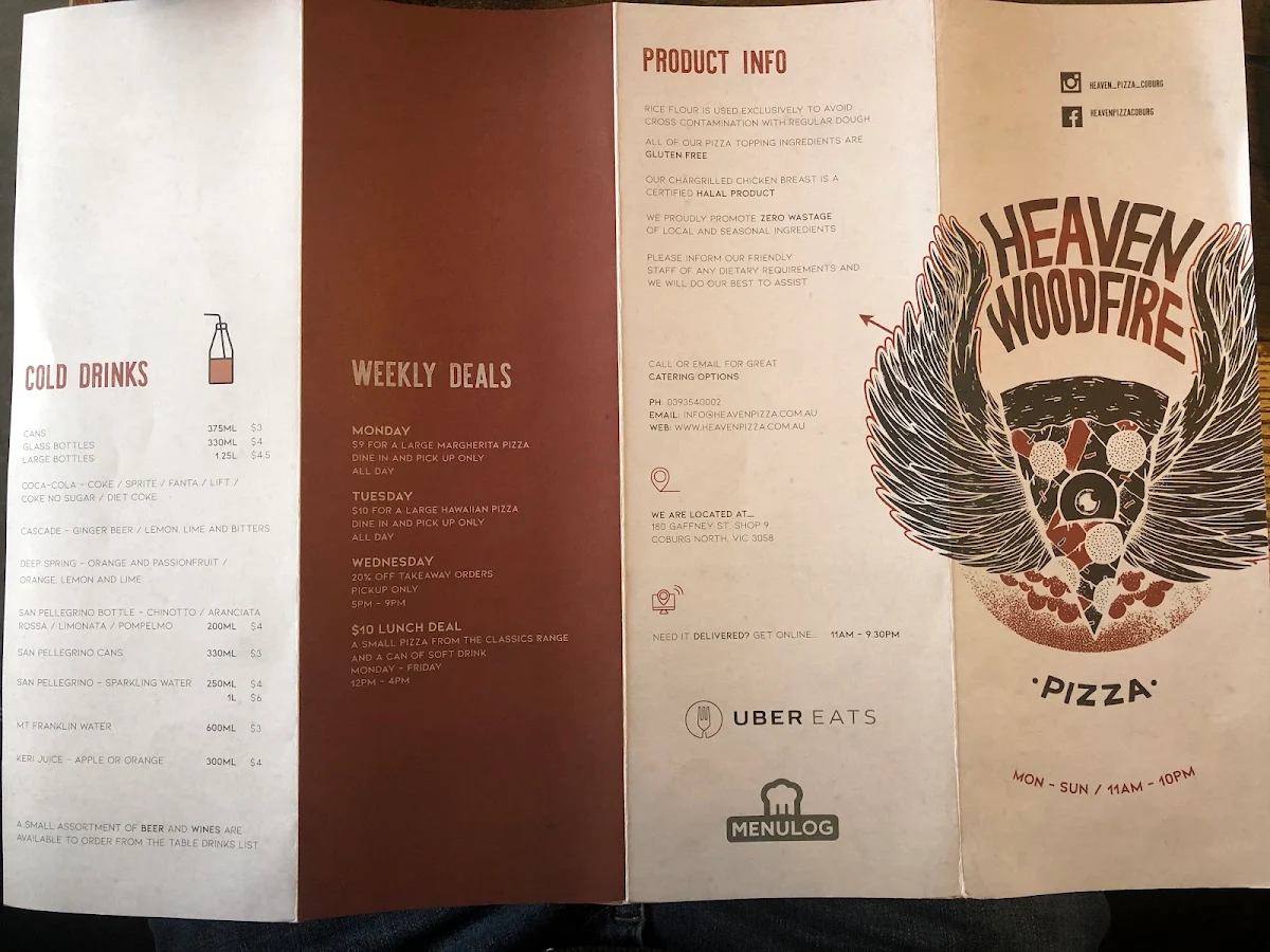 Menu, Heaven Woodfire Pizza