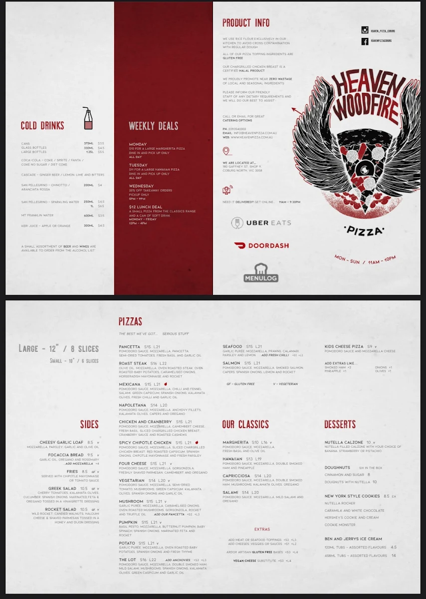 Menu, Heaven Woodfire Pizza