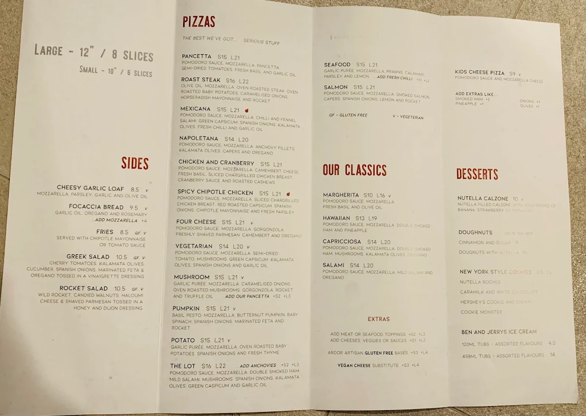 Menu, Heaven Woodfire Pizza