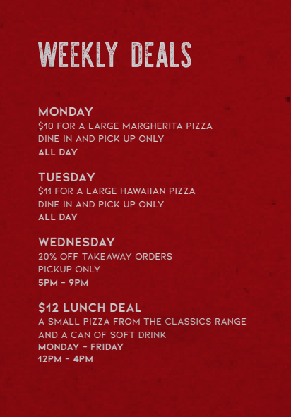 Menu, Heaven Woodfire Pizza
