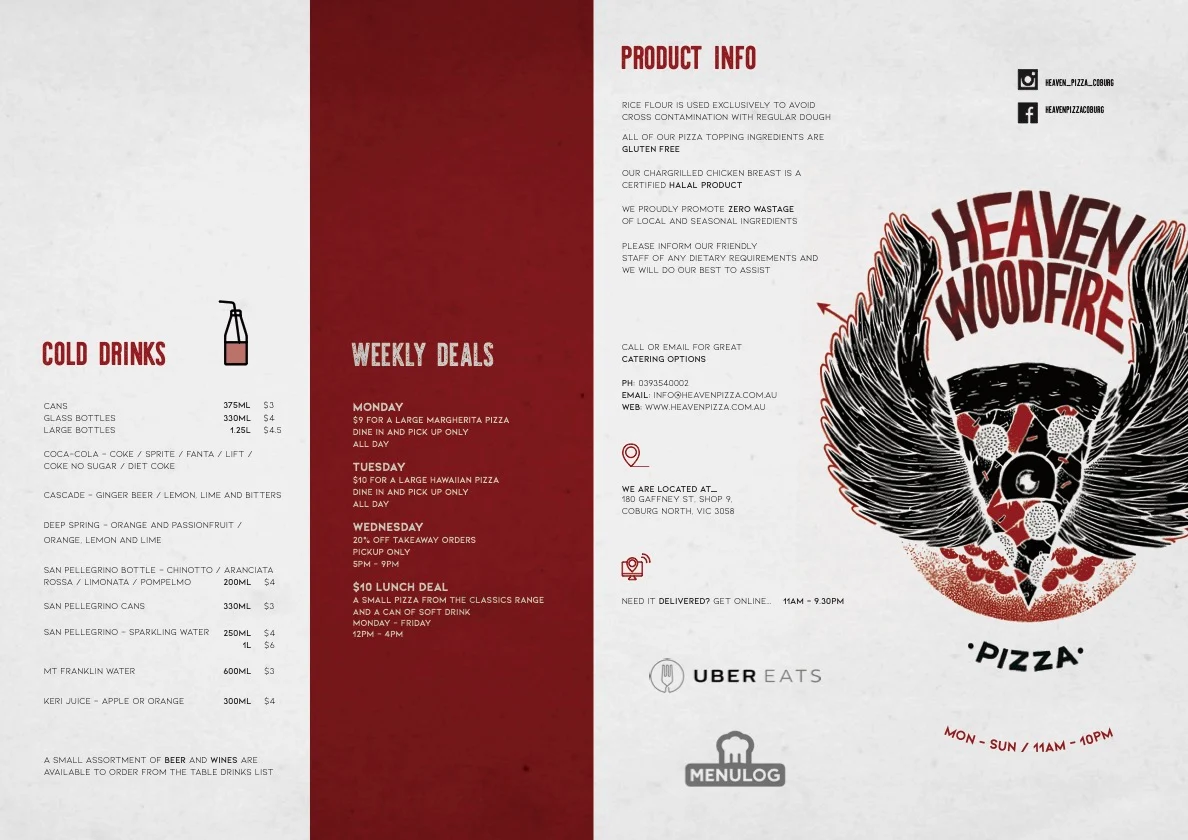 Menu, Heaven Woodfire Pizza