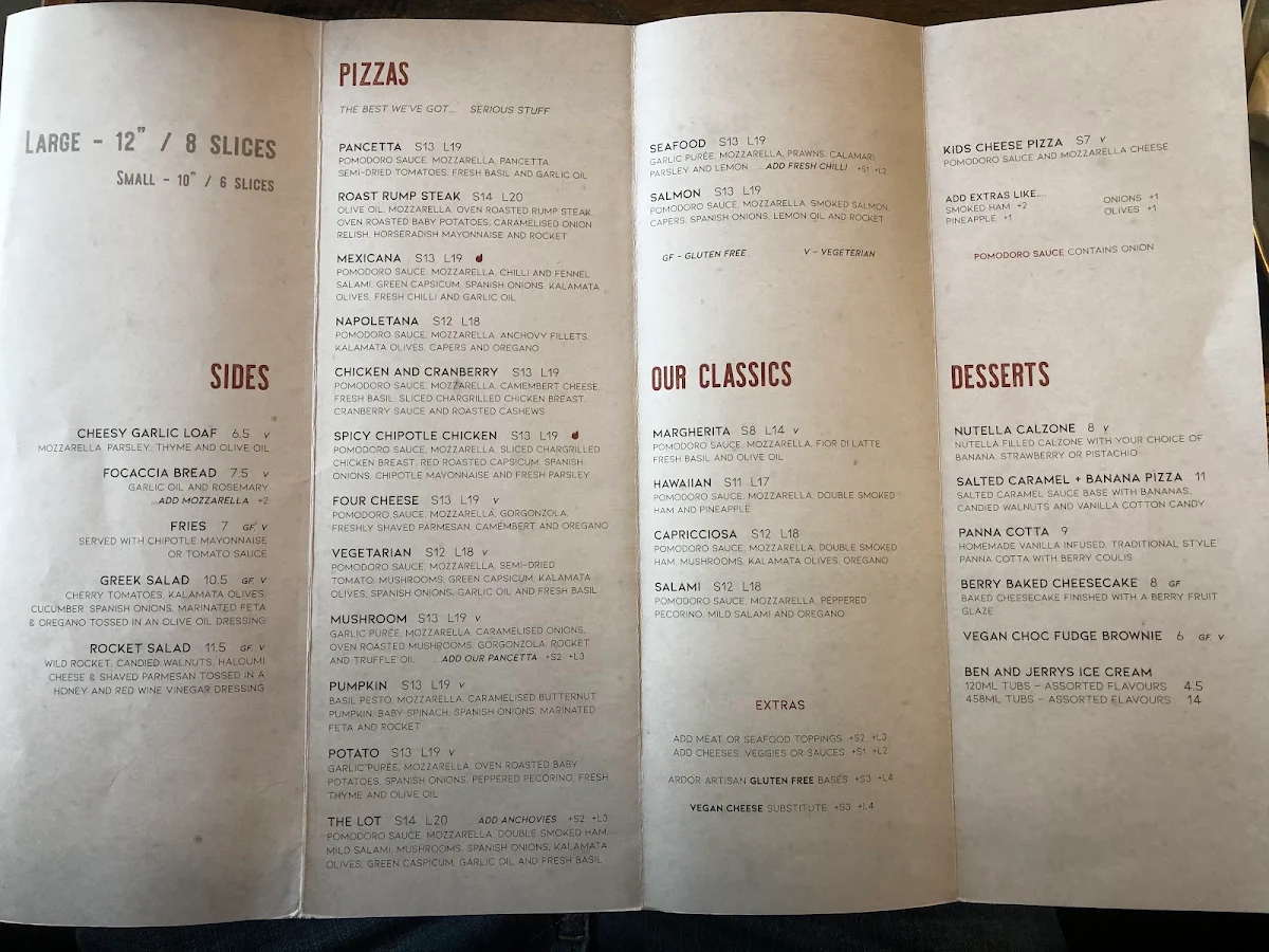 Menu, Heaven Woodfire Pizza