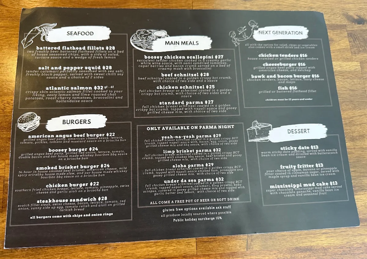 Menu, The Boosey Creek Tavern