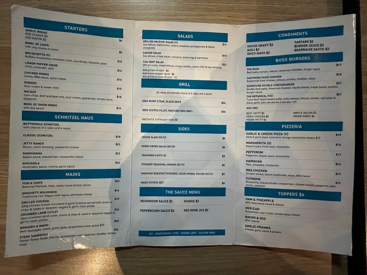 Menu, Long Jetty Hotel