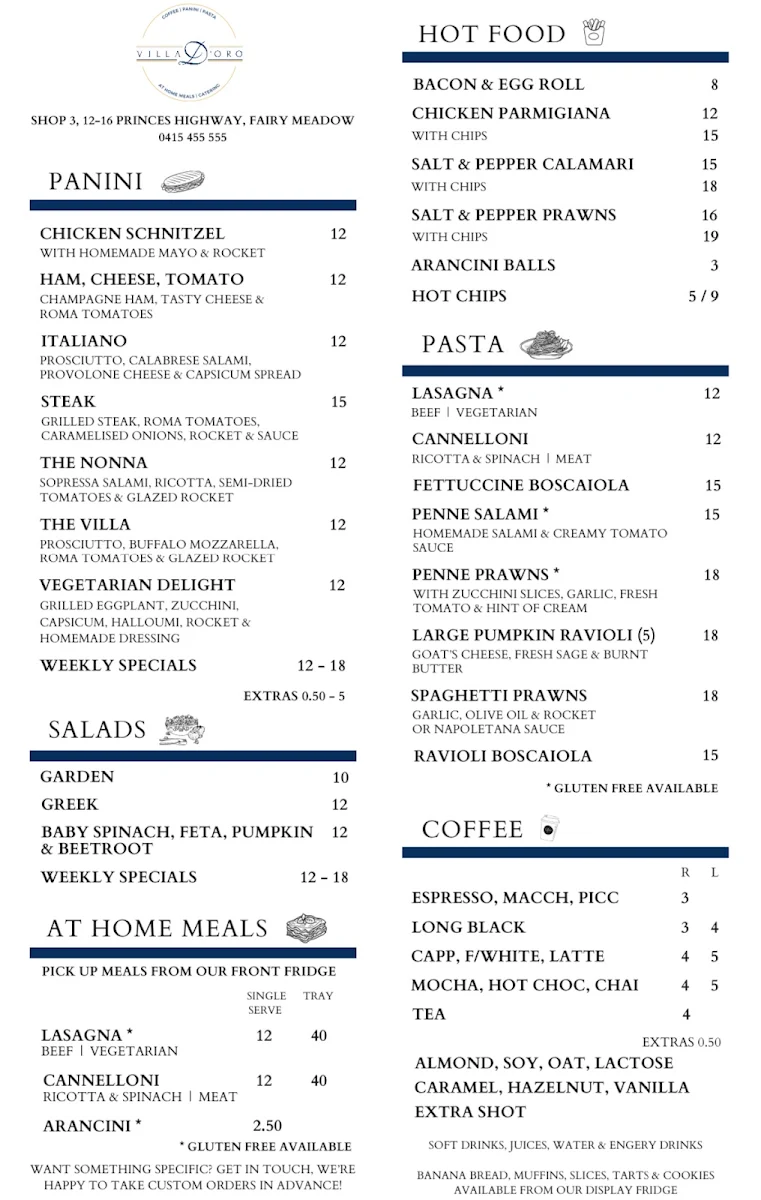 Menu, Villa D'oro