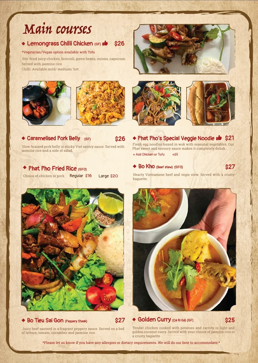 Menu, Phat Pho