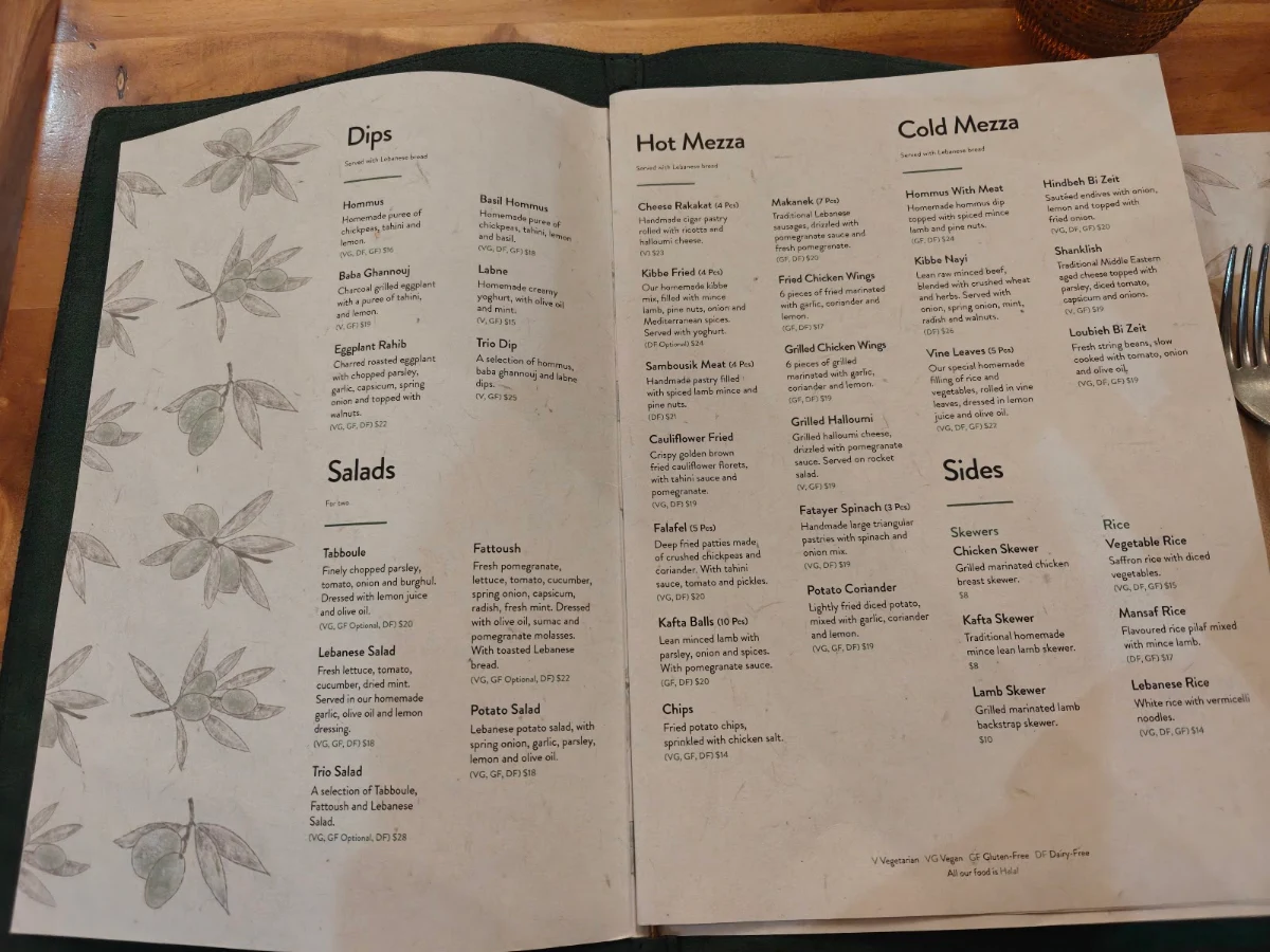 Menu, Corniche Restaurant