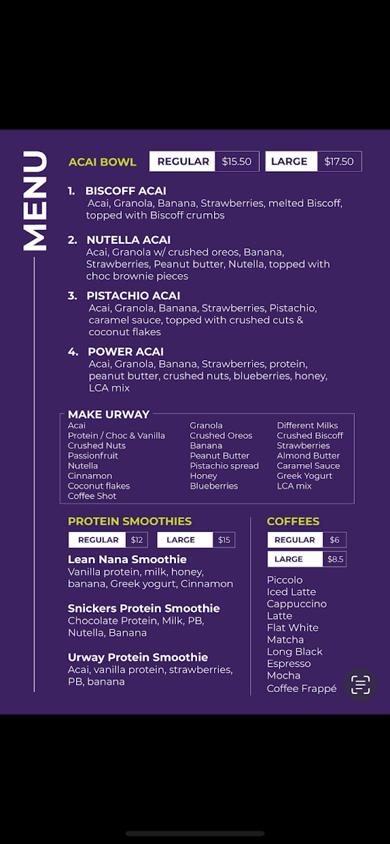 Menu, Urway Acai