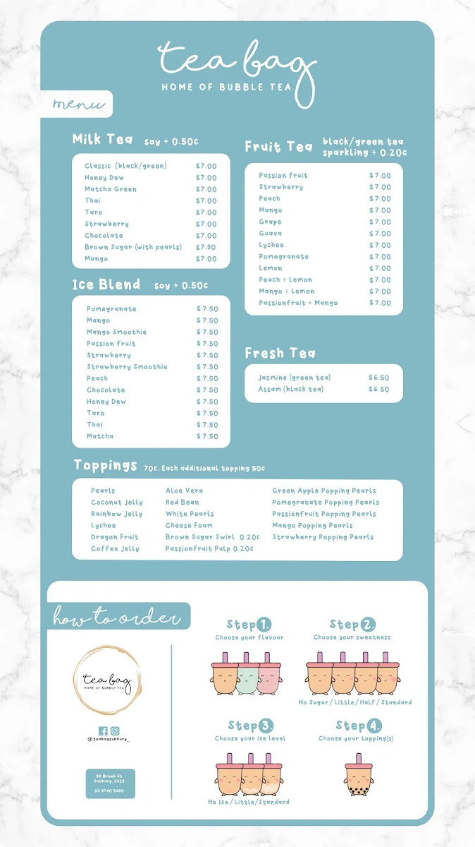 Menu, Tea Bag (Sunbury) - Home of Bubble Tea