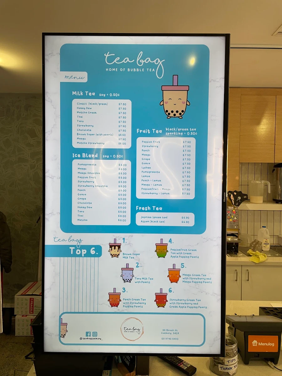 Menu, Tea Bag (Sunbury) - Home of Bubble Tea