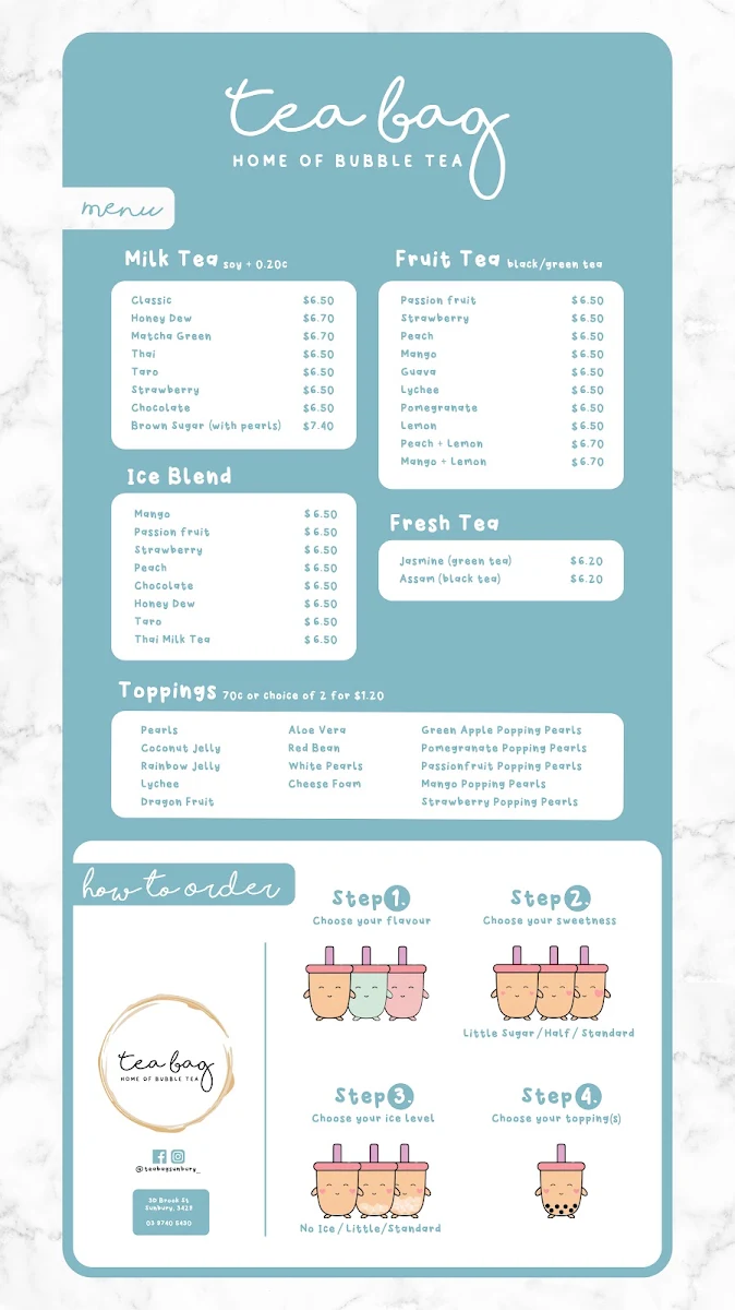 Menu, Tea Bag (Sunbury) - Home of Bubble Tea