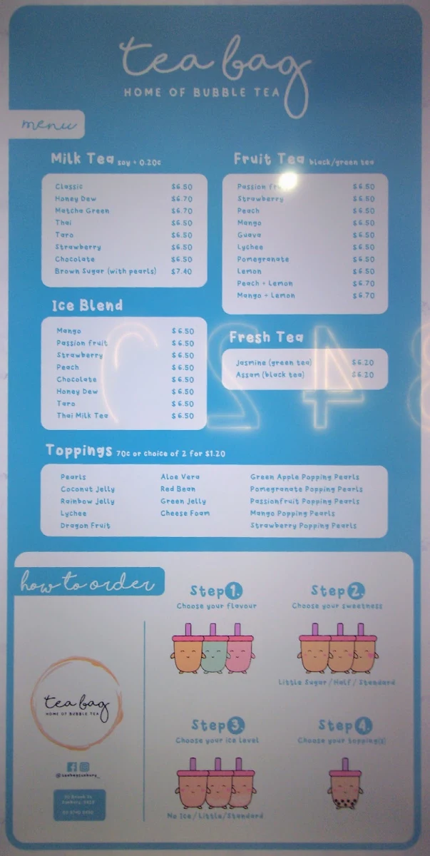 Menu, Tea Bag (Sunbury) - Home of Bubble Tea