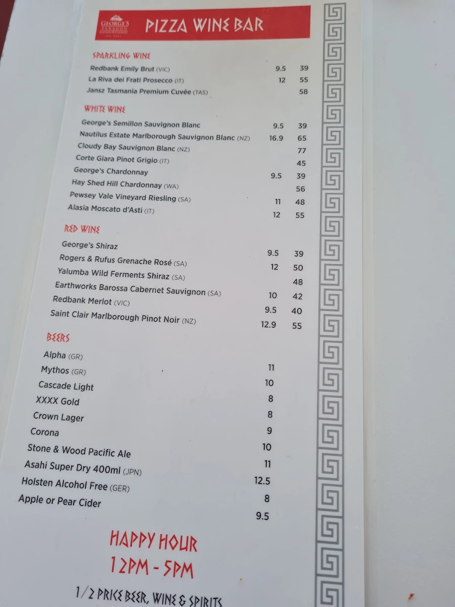 Menu, George's Paragon Pizza & Wine Bar