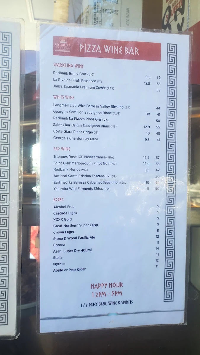 Menu, George's Paragon Pizza & Wine Bar