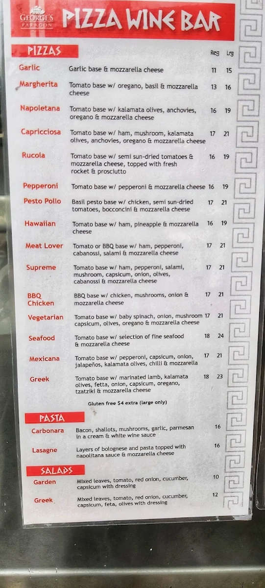 Menu, George's Paragon Pizza & Wine Bar