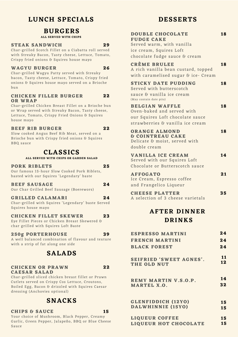 Menu, Squires Loft Ballarat