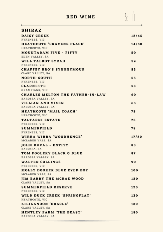 Menu, Squires Loft Ballarat