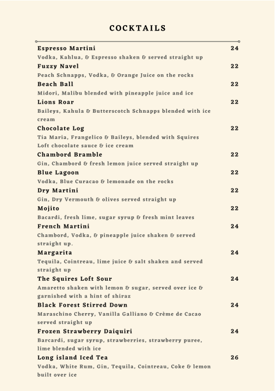 Menu, Squires Loft Ballarat