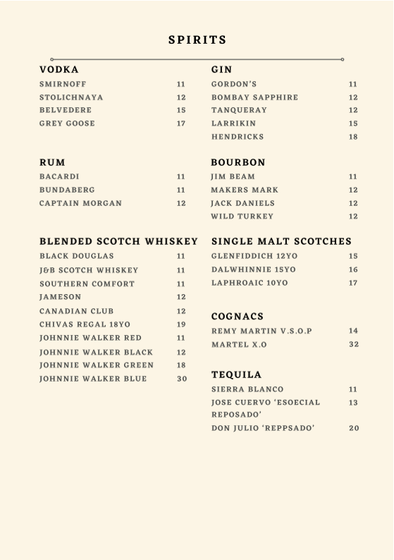 Menu, Squires Loft Ballarat