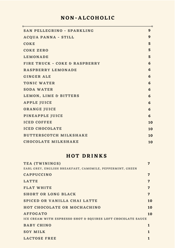 Menu, Squires Loft Ballarat