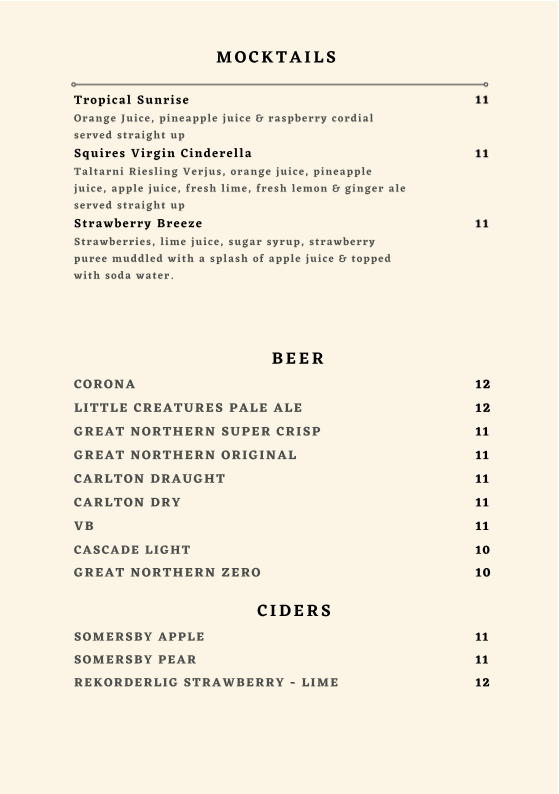 Menu, Squires Loft Ballarat