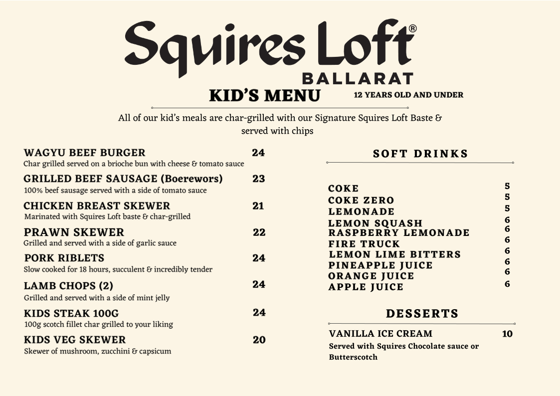 Menu, Squires Loft Ballarat