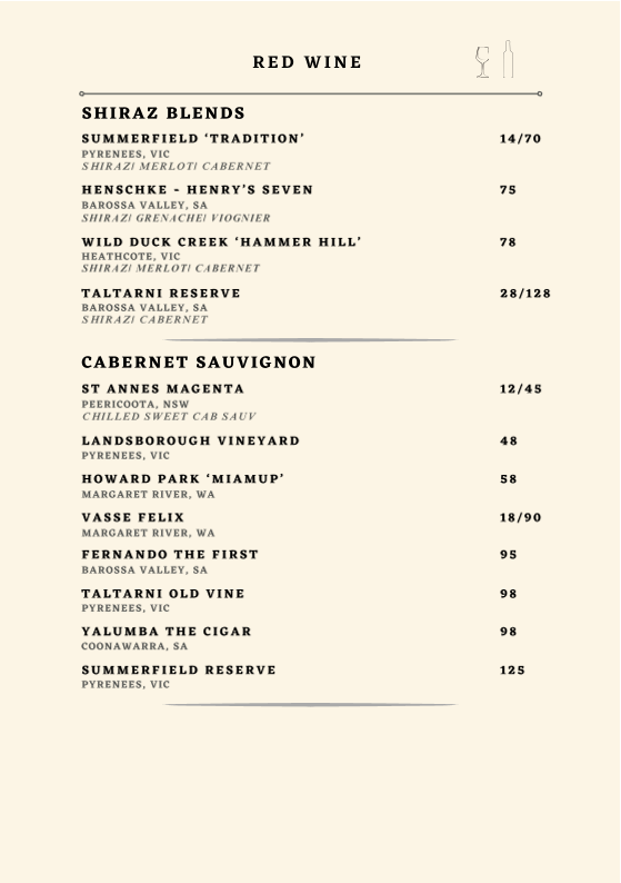Menu, Squires Loft Ballarat