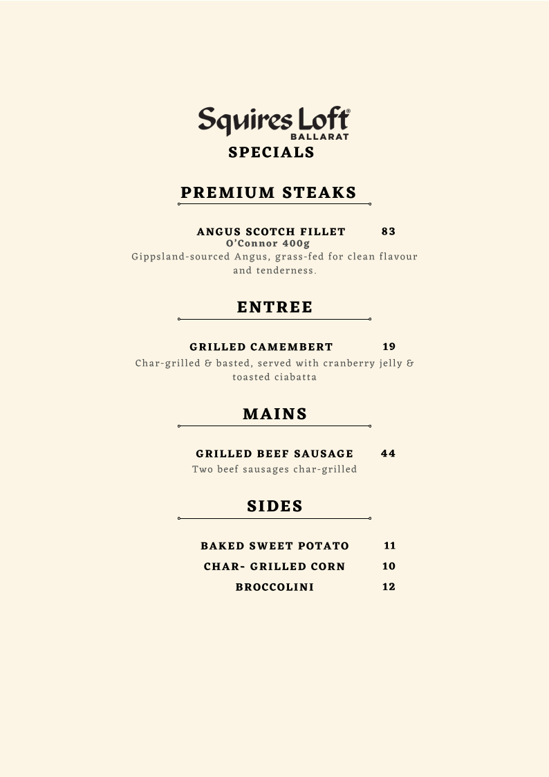 Menu, Squires Loft Ballarat