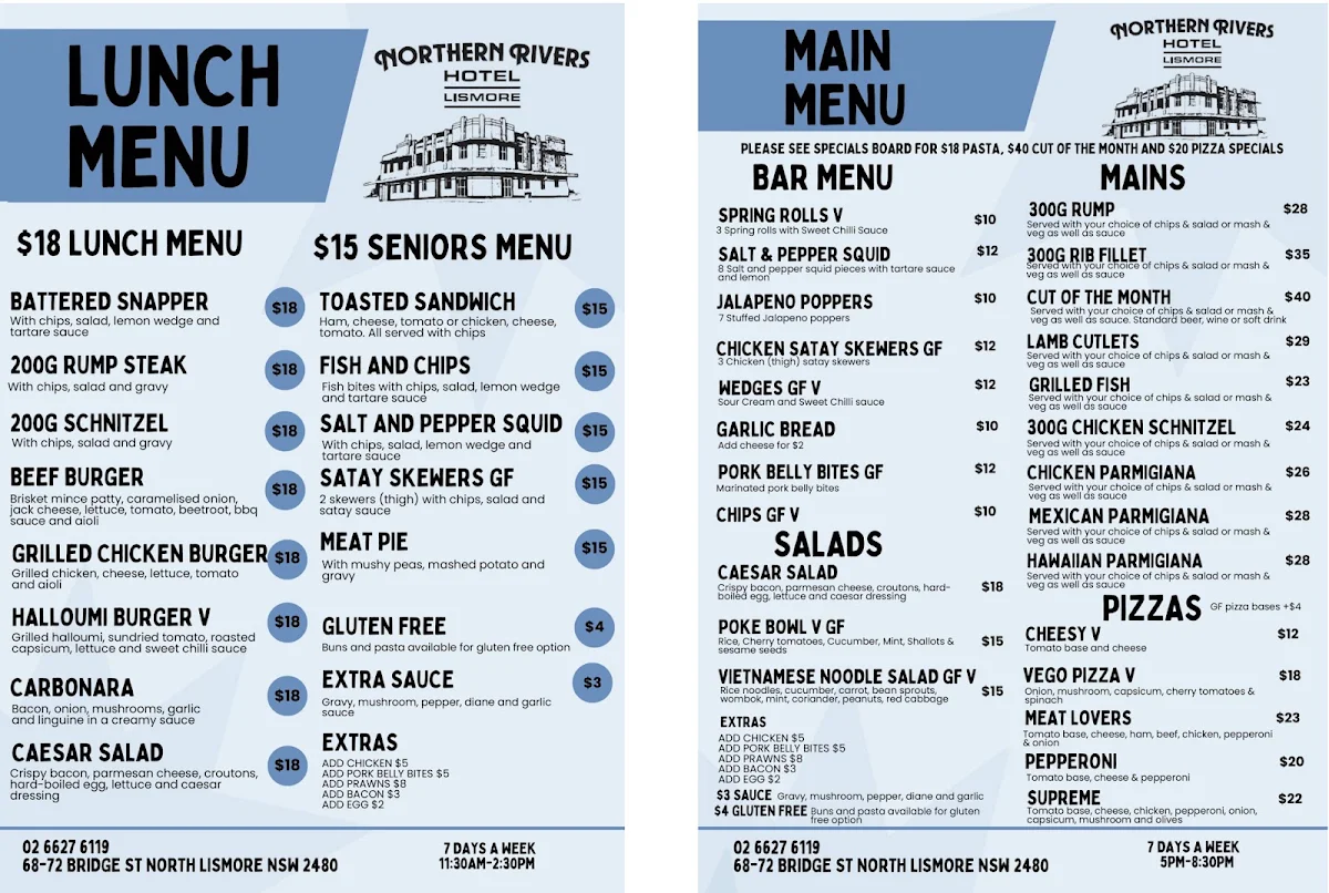 Menu, Northern Rivers Hotel