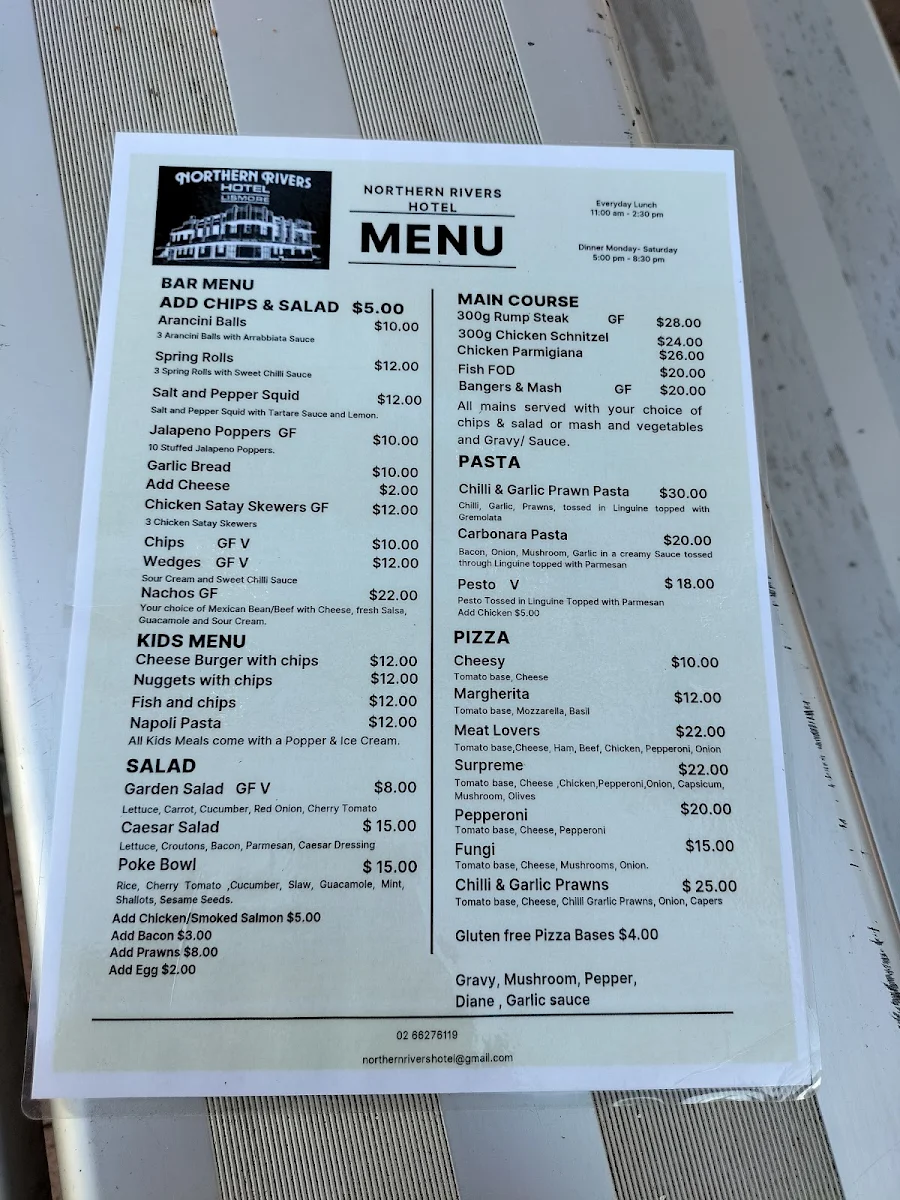 Menu, Northern Rivers Hotel