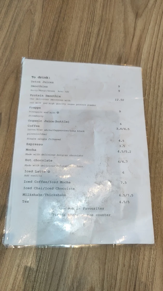 Menu, Bohäus Cafe