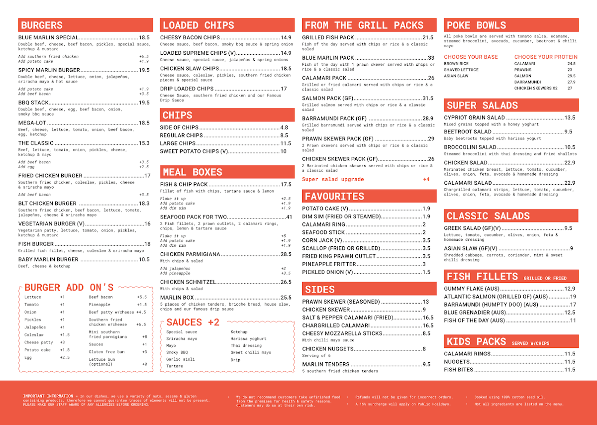 Menu, Blue Marlin Fish n Chips
