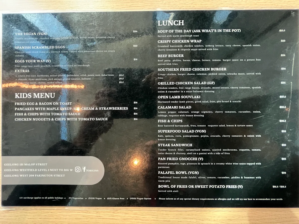 Menu, 7 origins westfield