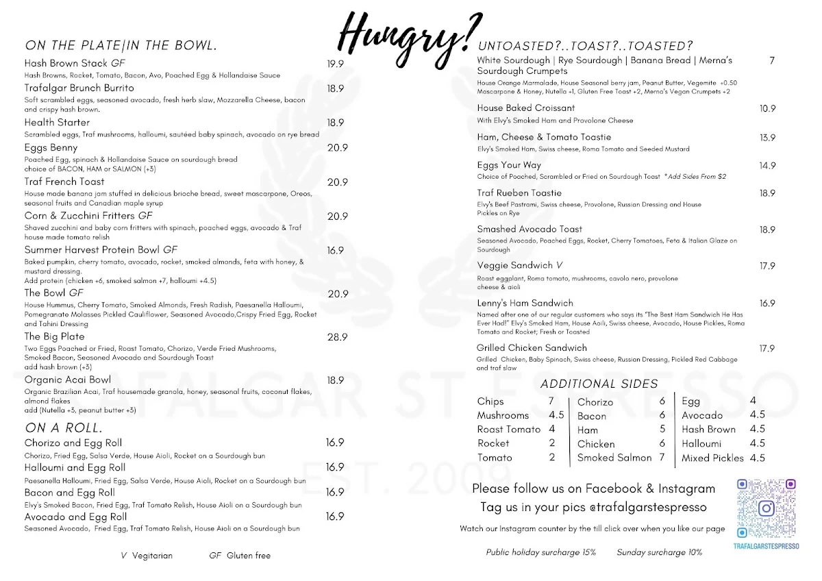 Menu, Trafalgar St Espresso