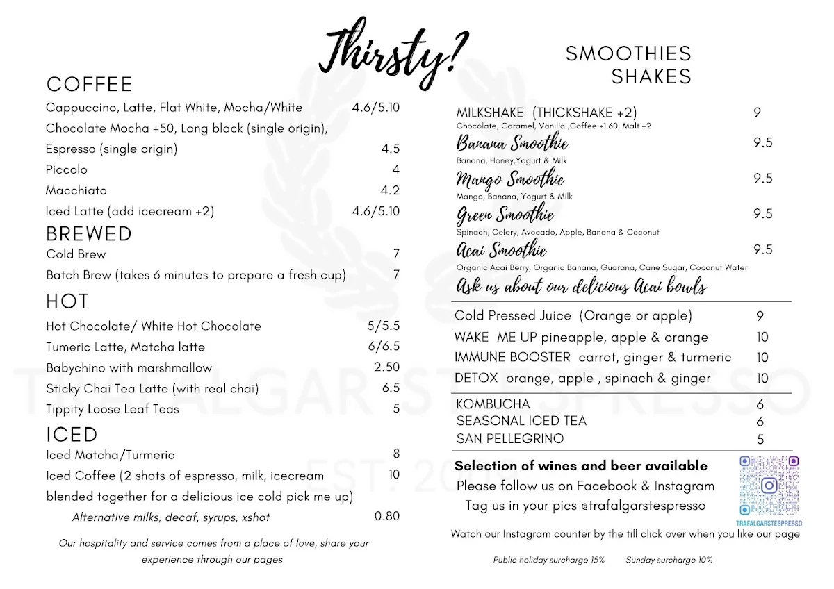 Menu, Trafalgar St Espresso