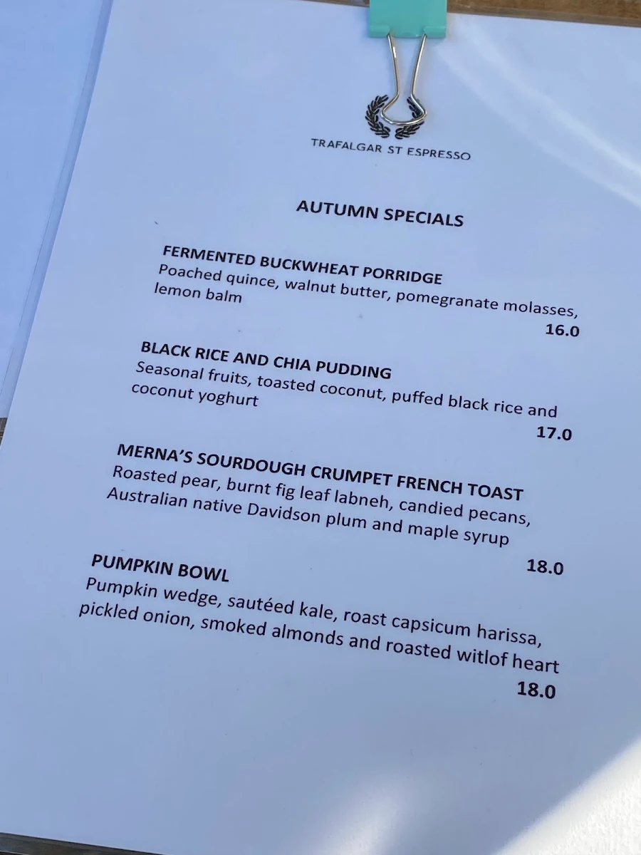 Menu, Trafalgar St Espresso