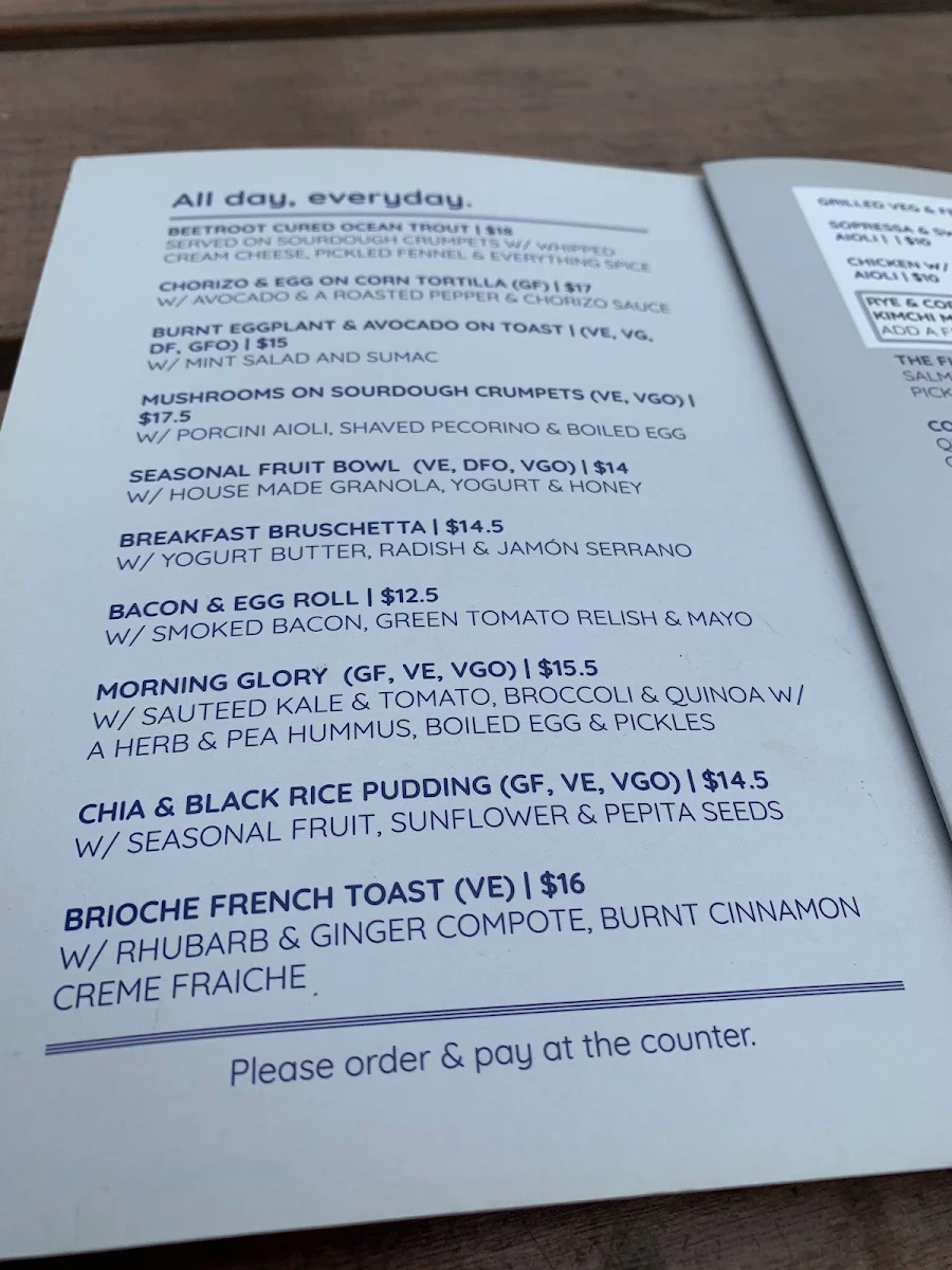 Menu, Trafalgar St Espresso