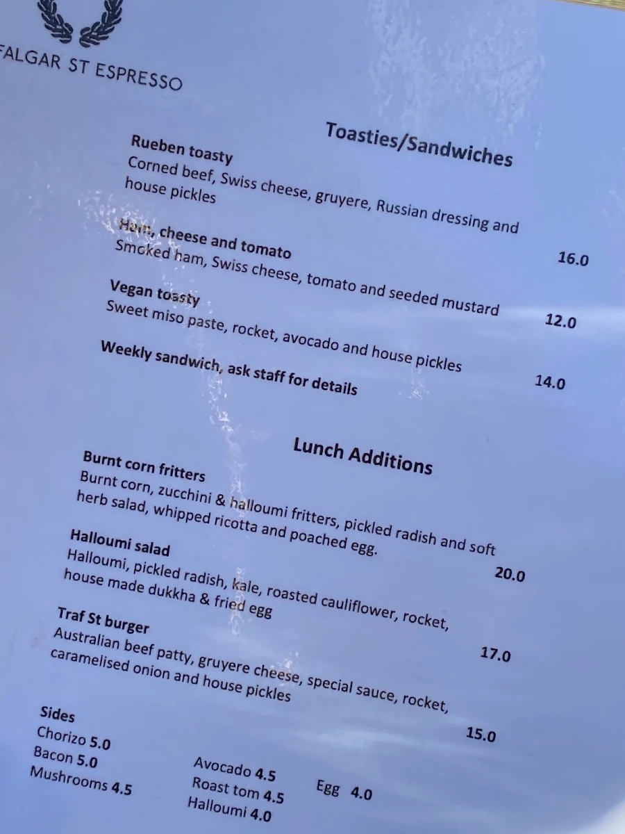 Menu, Trafalgar St Espresso