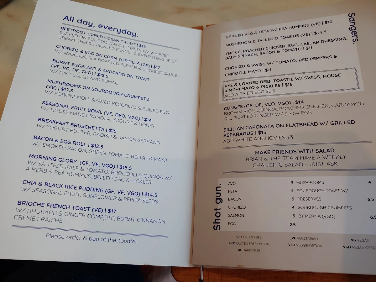 Menu, Trafalgar St Espresso