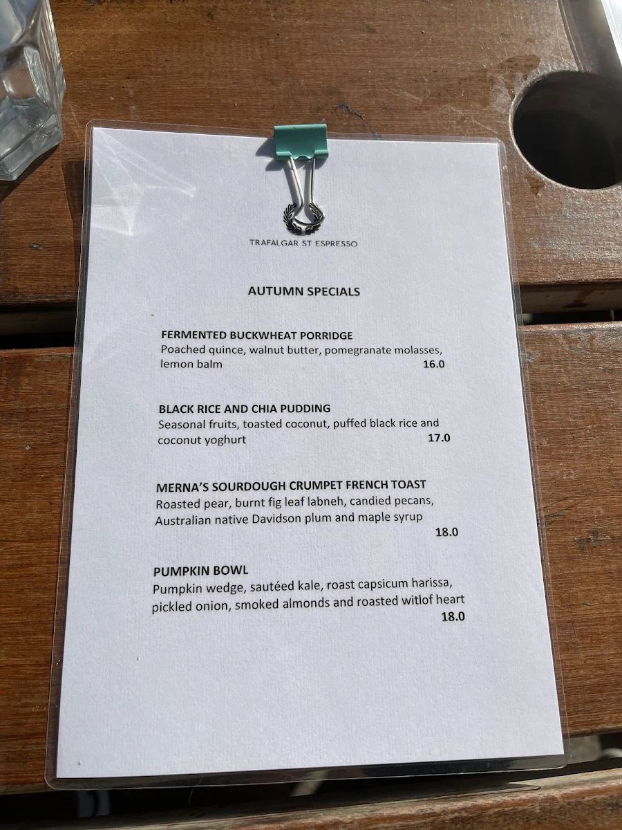 Menu, Trafalgar St Espresso