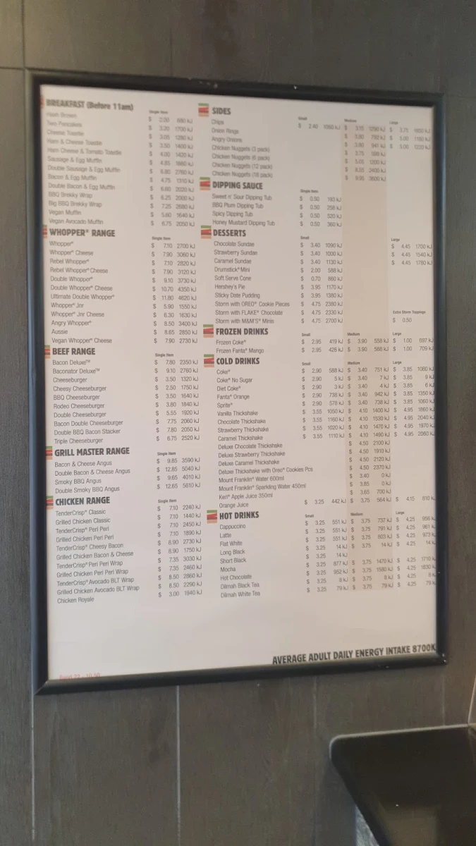 Menu, Hungry Jack's Burgers Bulleen