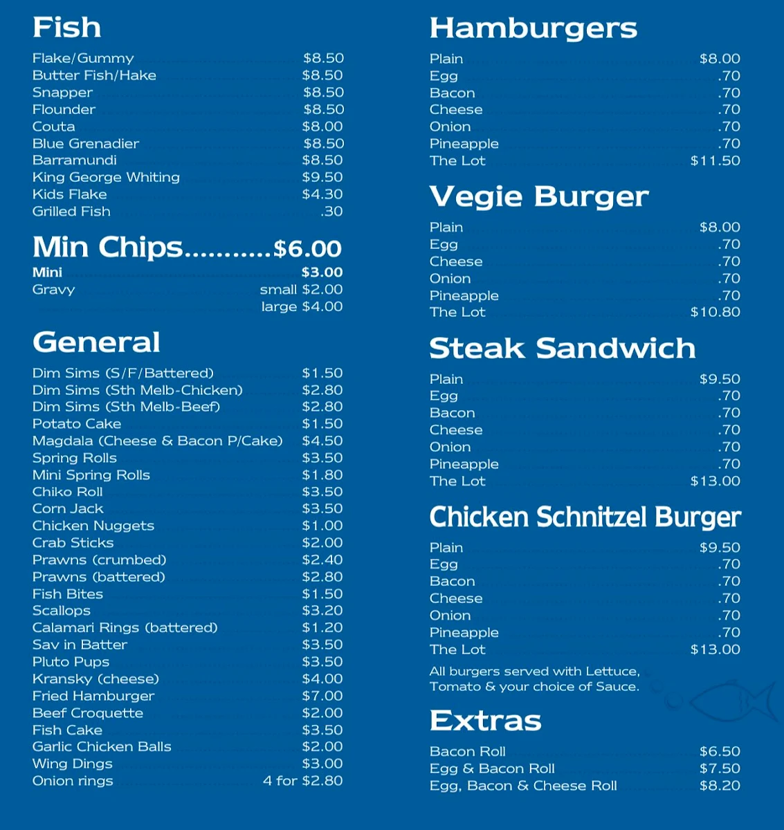 Menu, Kangaroo Flat Fish Shop (Next to Domino’s Pizza)