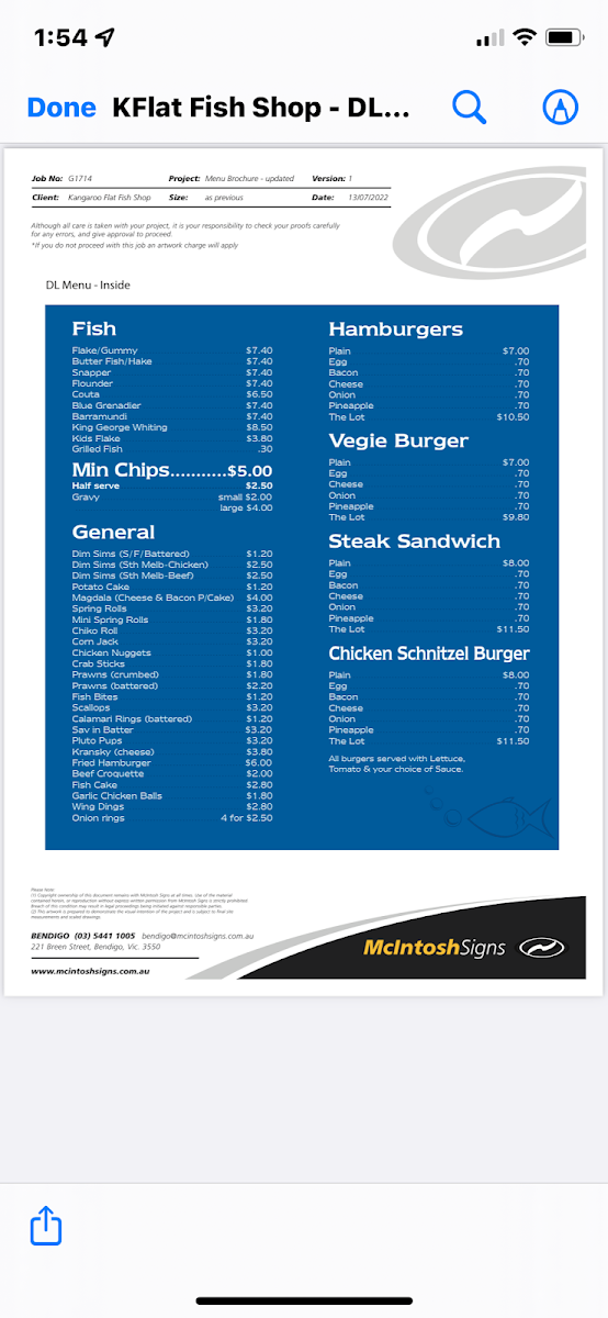 Menu, Kangaroo Flat Fish Shop (Next to Domino’s Pizza)