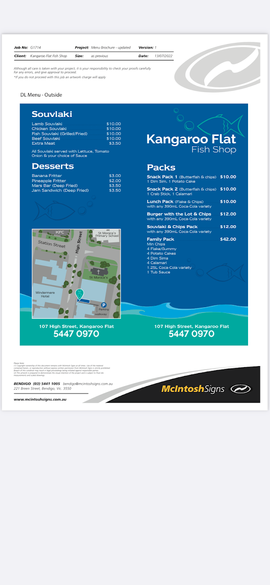 Menu, Kangaroo Flat Fish Shop (Next to Domino’s Pizza)