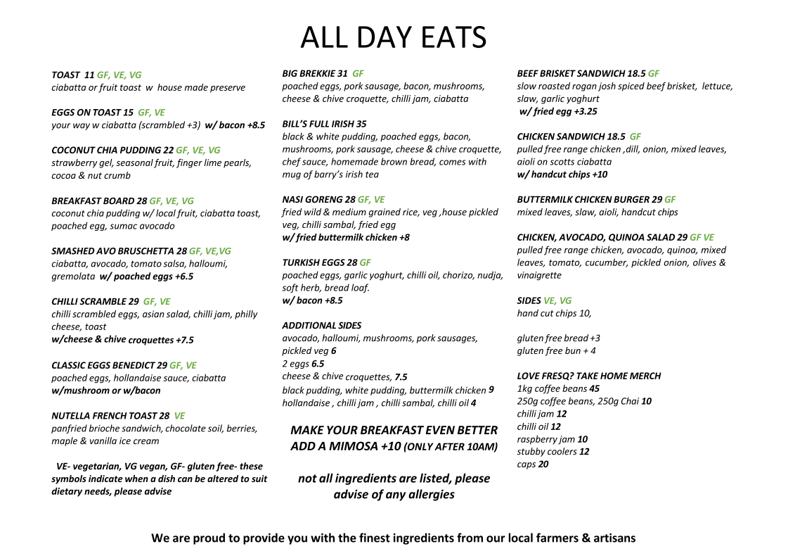 Menu, Cafe Fresq