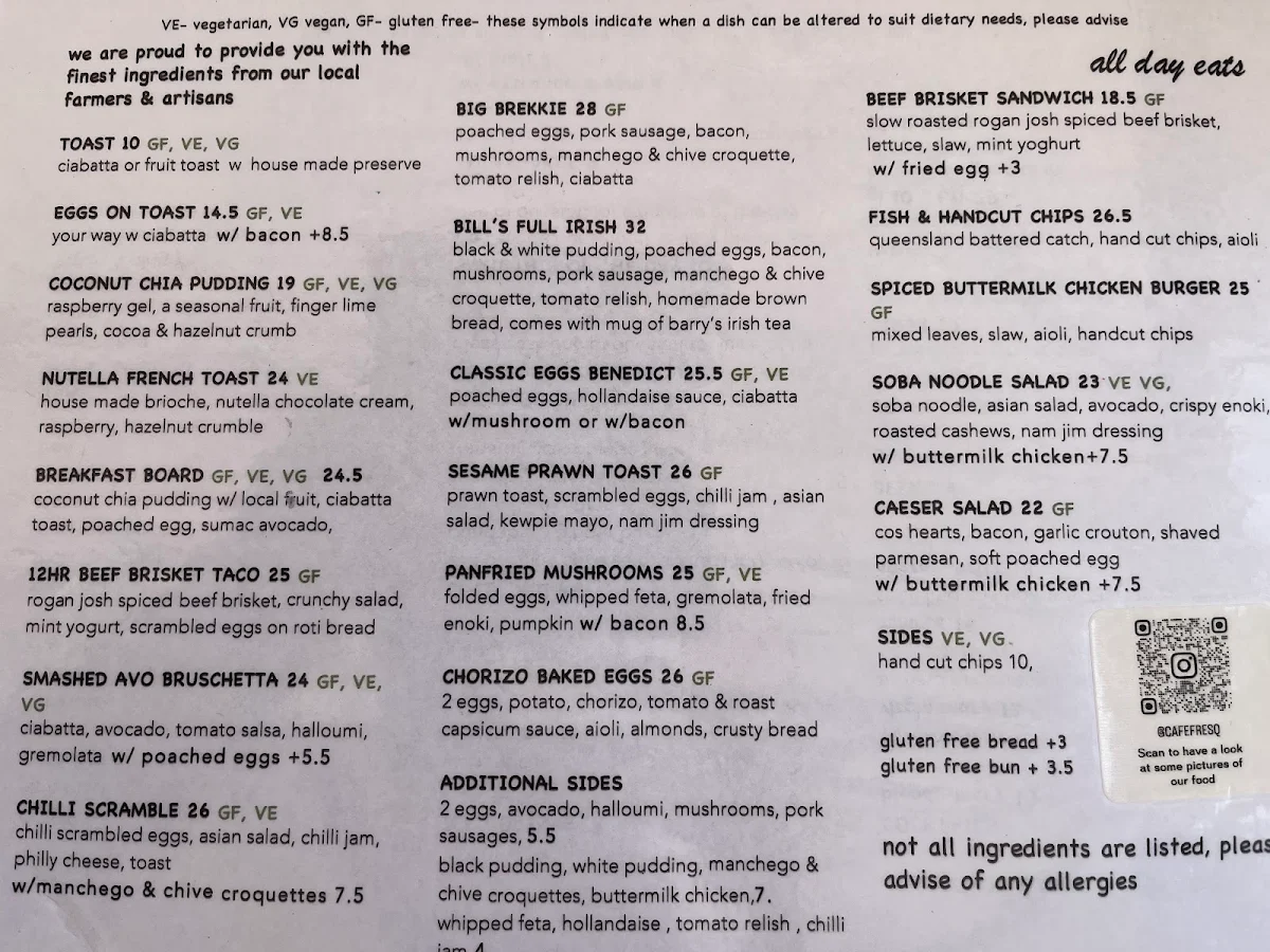 Menu, Cafe Fresq