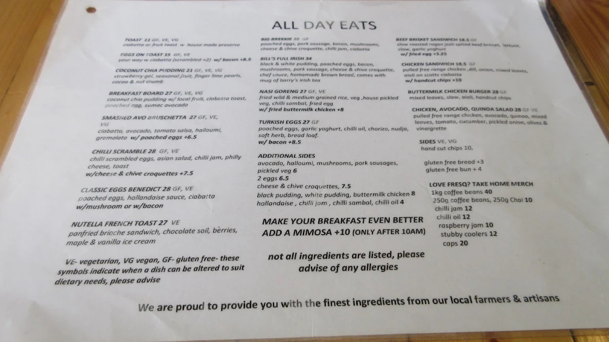 Menu, Cafe Fresq