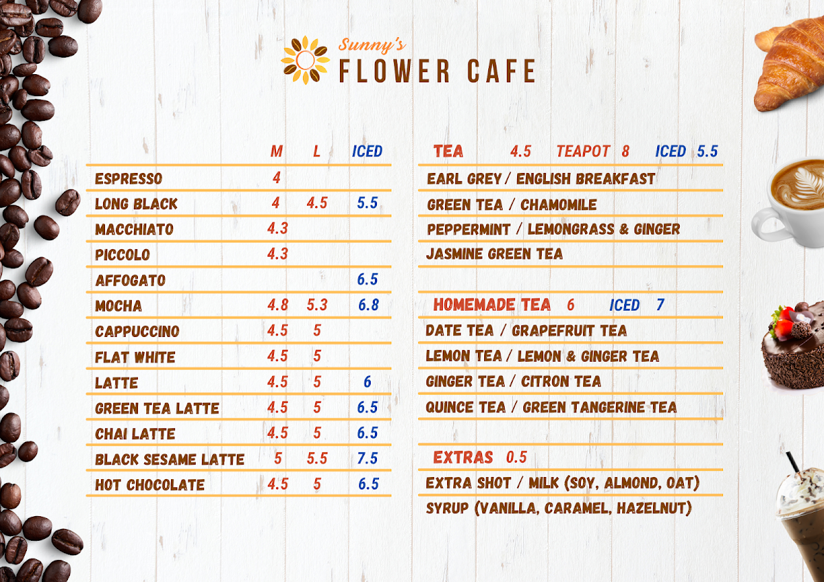 Menu, Sunny’s Flower Cafe Lidcombe