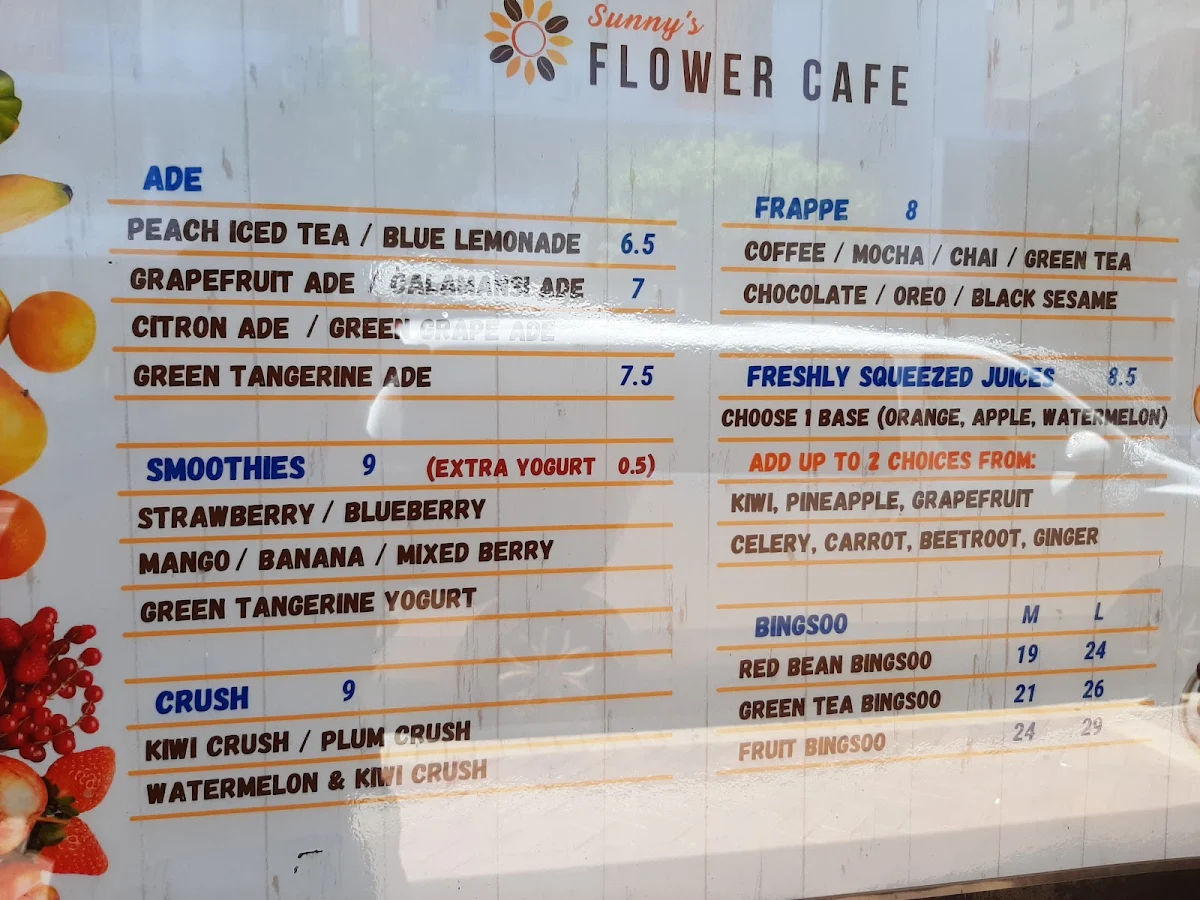 Menu, Sunny’s Flower Cafe Lidcombe
